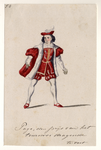32758 Afbeelding van een kostuumontwerp van een page met de prijs van het toernooi in de hand, figurant in de maskerade ...